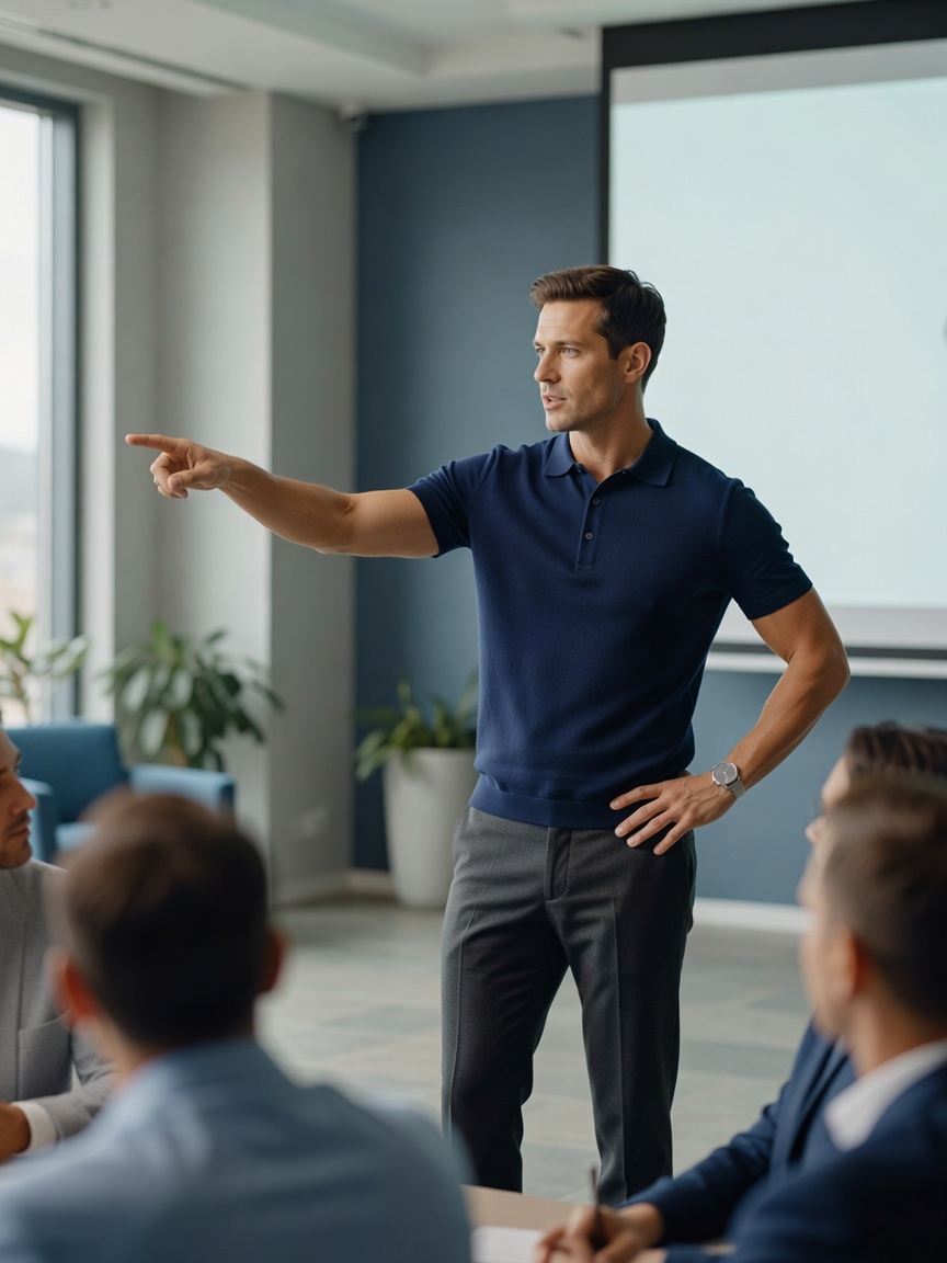 Impressie van de Mess Polo in navy, in een vergaderruimte